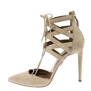 AQUAZZURA Beige Suede Belgravia Lace Up Pointed Toe Heels Size 38.5